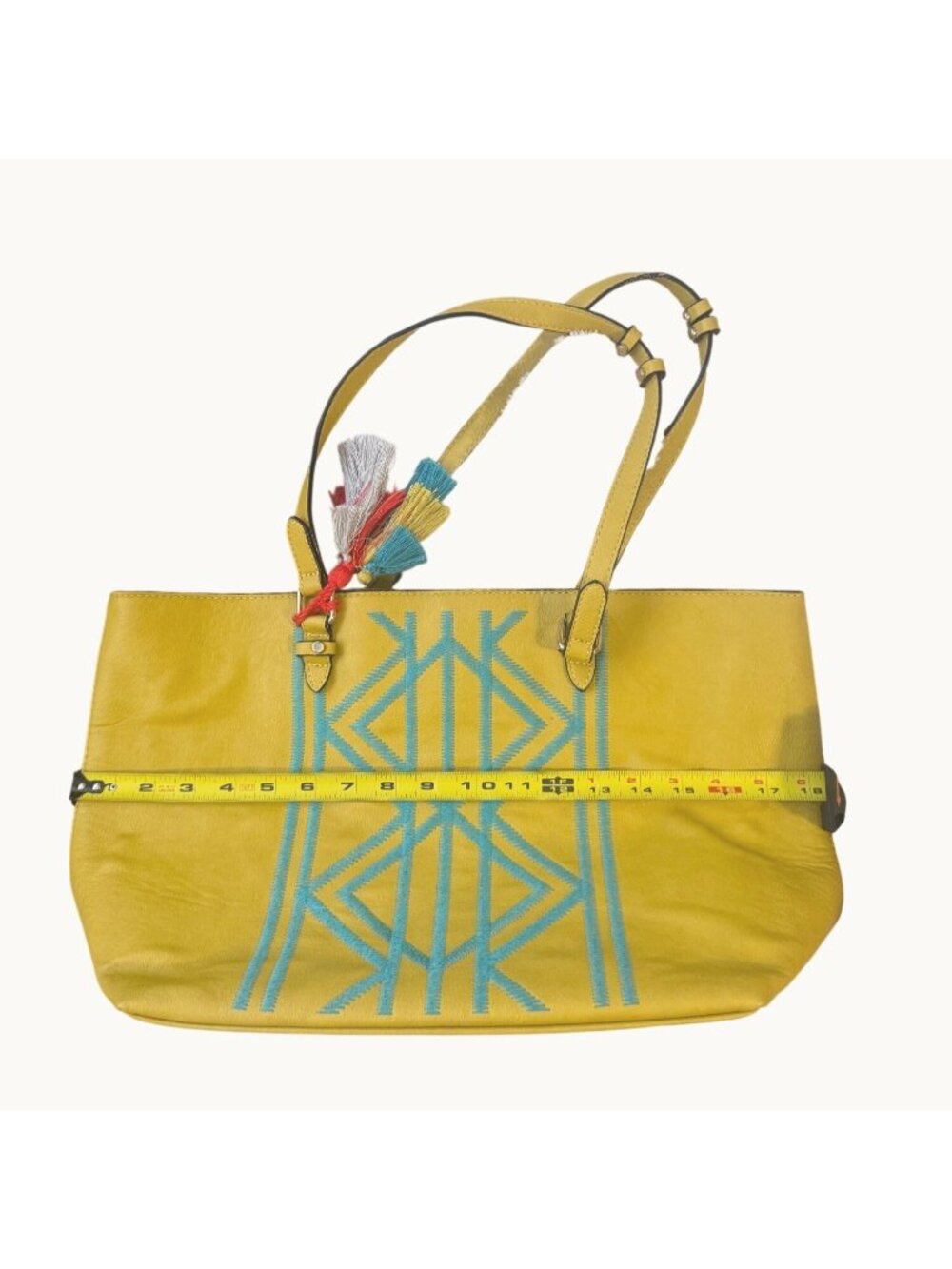 Kate Landry Bright Yellow Tote Bag Turquoise Embroidery Gorgeous Tribal Vibe - Picture 7 of 10